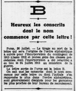 L'Ouest-Eclair (Rennes), une du 27 juillet 1913, extrait - Heureux les conscrits dont le nom commence par la lettre B | Gallica - BnF